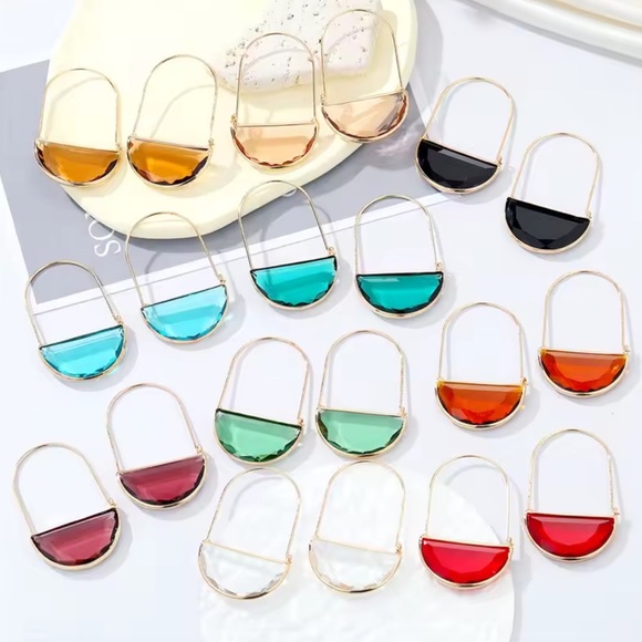 Blue Crescent Hoop Gold Earrings - Picture 3 of 6